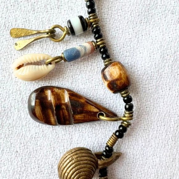 Vintage Handmade Brass, Bead, and Shell Necklace - Picture 6 of 9